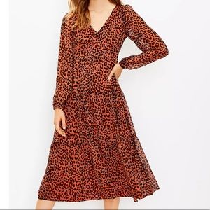 Loft Leopard Print Tiered V-Neck Midi Dress Size 6